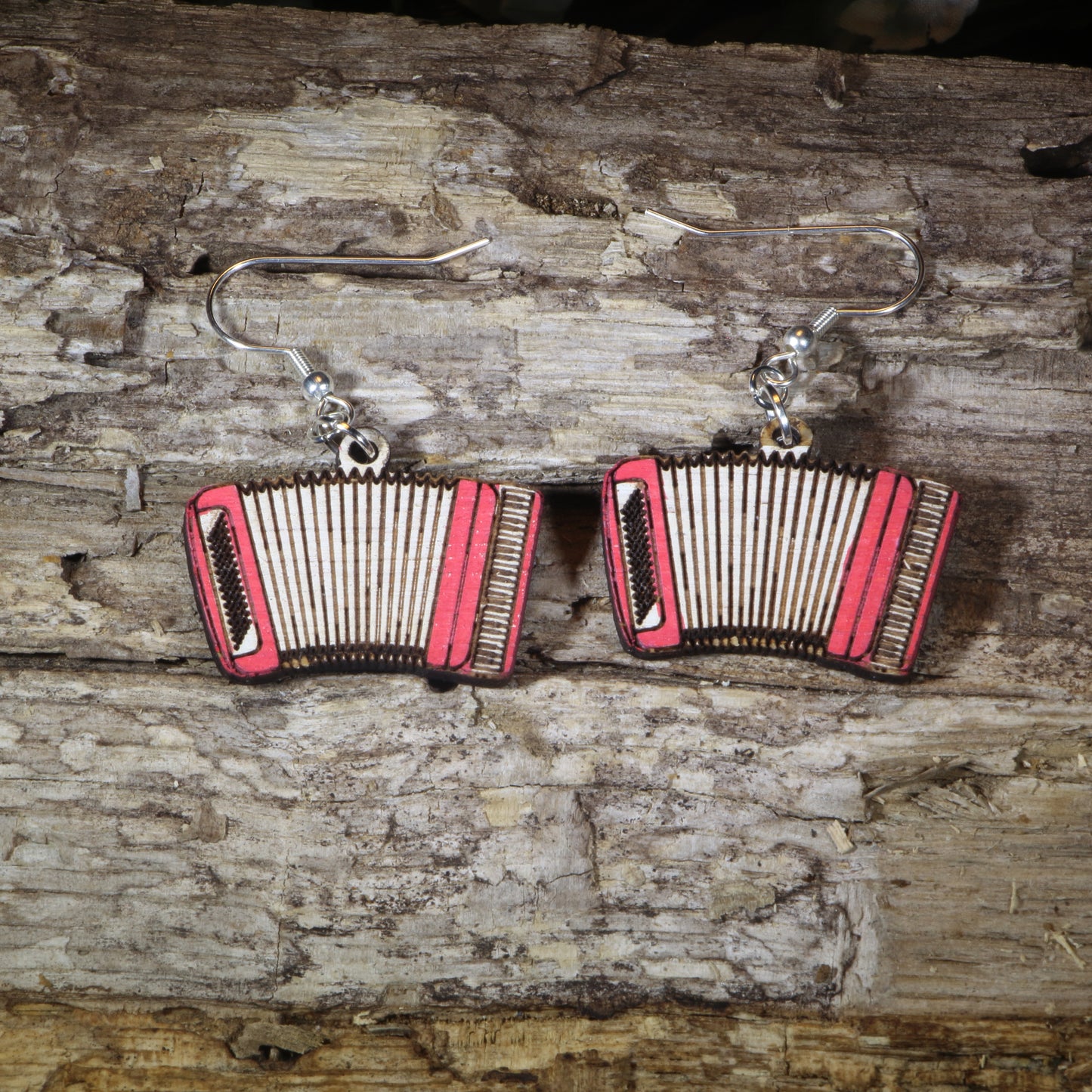 Hand-painted wooden accordion dangle earrings featuring detailed accordion instrument artwork, hypoallergenic sterling silver hooks, and lightweight musician jewelry for accordion players, folk music lovers, and band enthusiasts by Cate's Concepts
