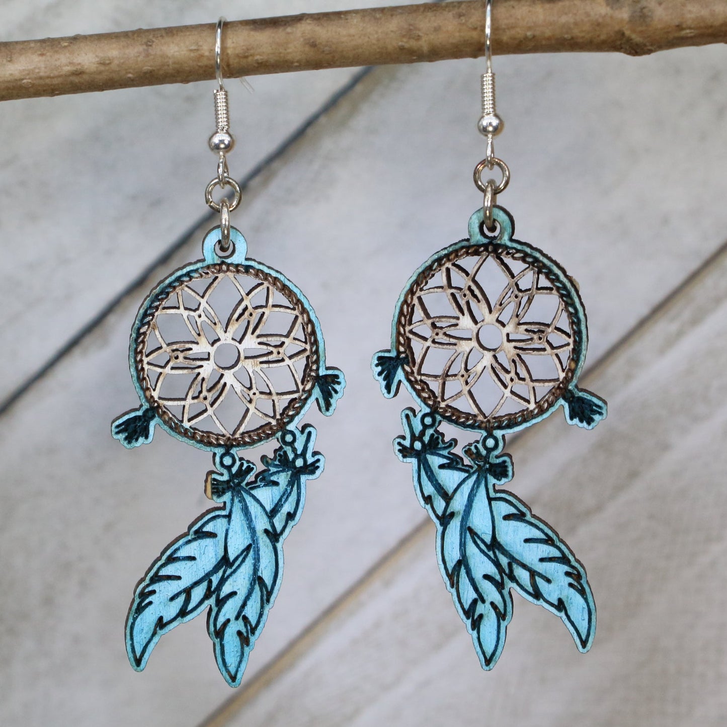 Hand-painted wooden dreamcatcher dangle earrings with feather and boho design and hypoallergenic sterling silver hooks, bohemian statement jewelry earrings for festival style
