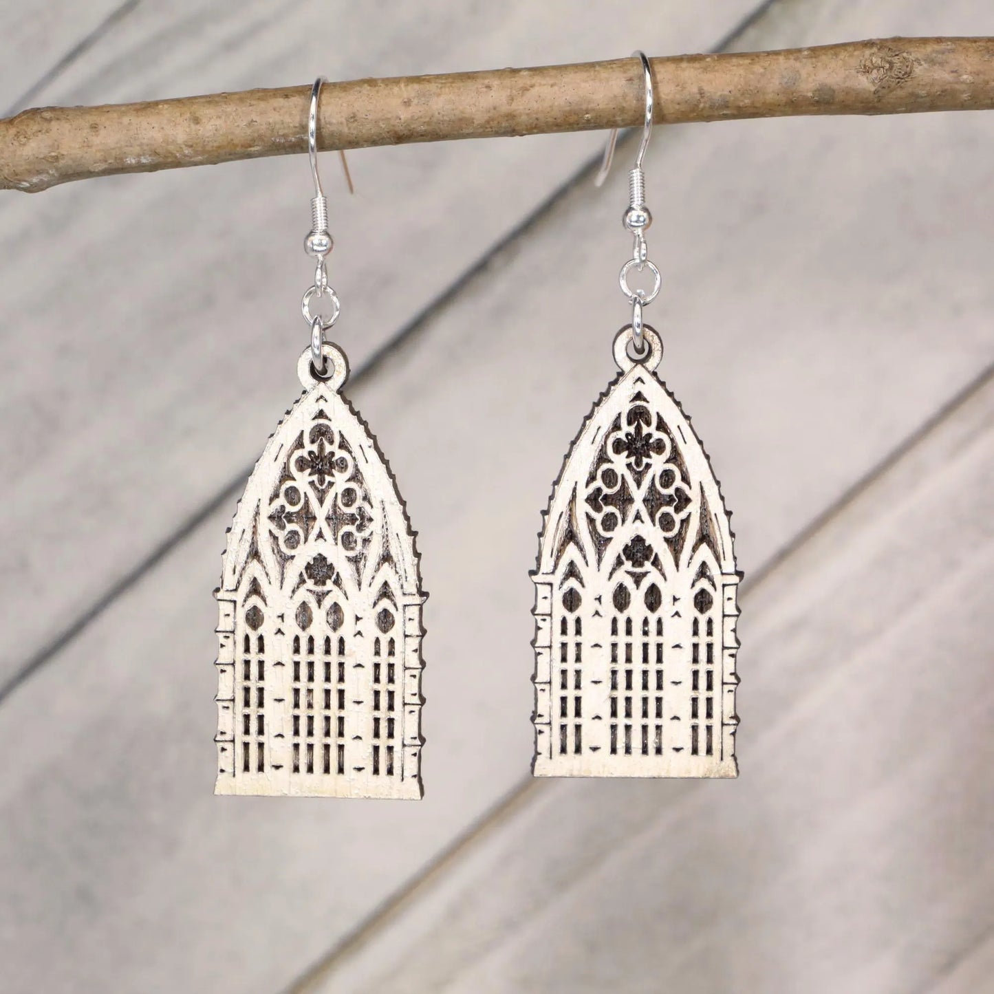 Hand-painted wooden gothic window dangle earrings with cathedral arch design and hypoallergenic sterling silver hooks, dark fantasy gothic statement jewelry for fantasy lovers