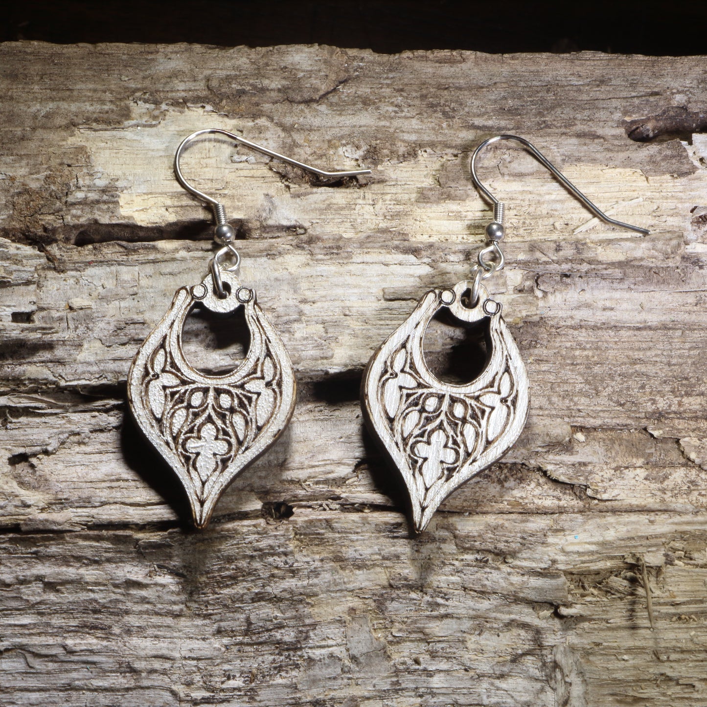 Handcrafted Art Nouveau Filigree wooden dangle earrings featuring elegant flowing filigree inspired by classic Art Nouveau design. Lightweight laser-cut wooden earrings with hypoallergenic .925 sterling silver hooks, perfect for vintage jewelry lovers, Art Nouveau enthusiasts, elegant everyday wear, botanical-inspired fashion, and timeless handcrafted accessories.
