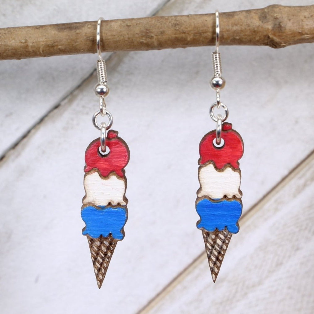 Hand-painted wooden ice cream cone dangle earrings with colorful sweet treat design and hypoallergenic sterling silver hooks, lightweight dessert statement jewelry earrings for food lovers and summer style