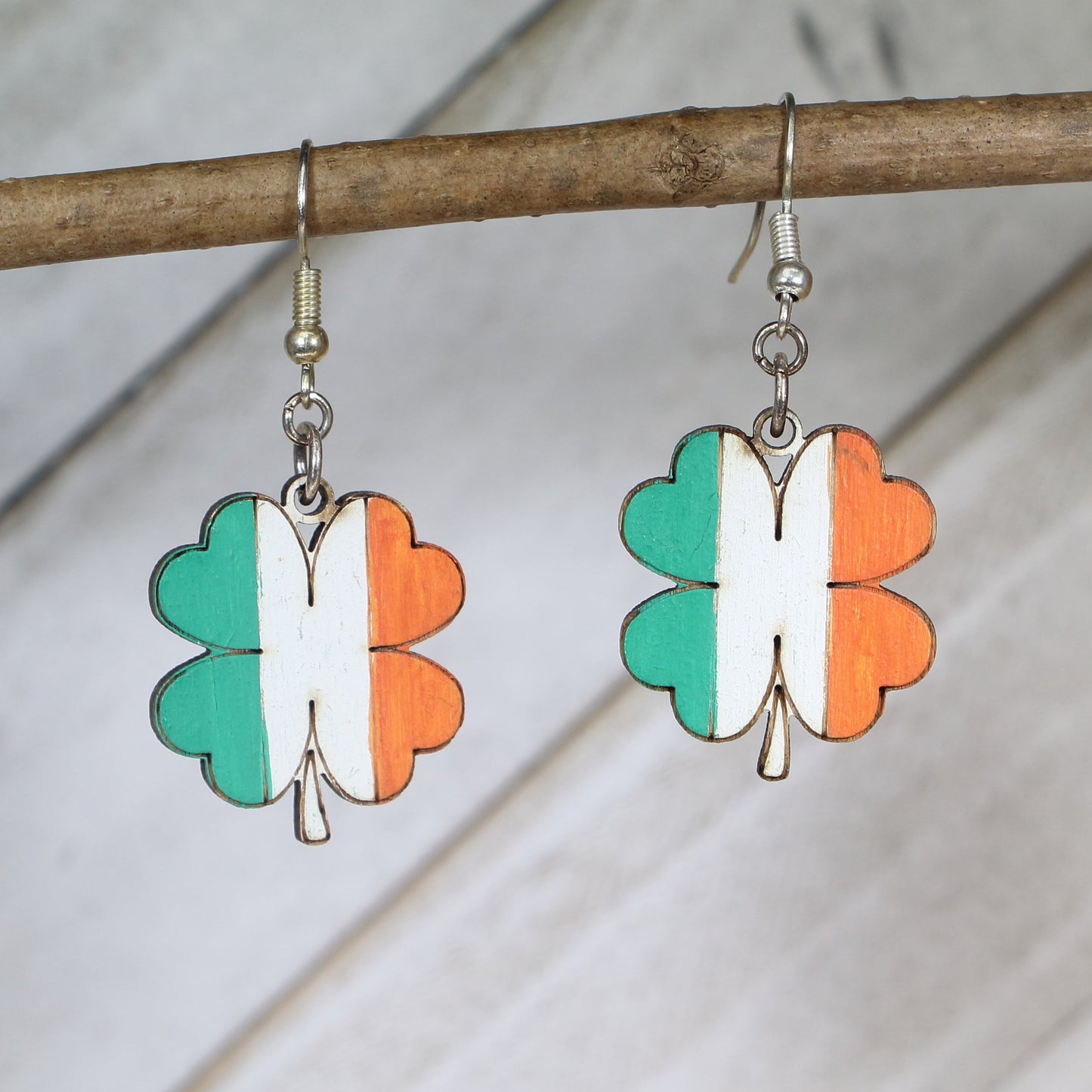 Hand-painted wooden Irish flag four leaf clover dangle earrings with St. Patrick’s Day design and hypoallergenic sterling silver hooks, lightweight lucky charm jewelry for festive Irish celebrations by Cate’s Concepts