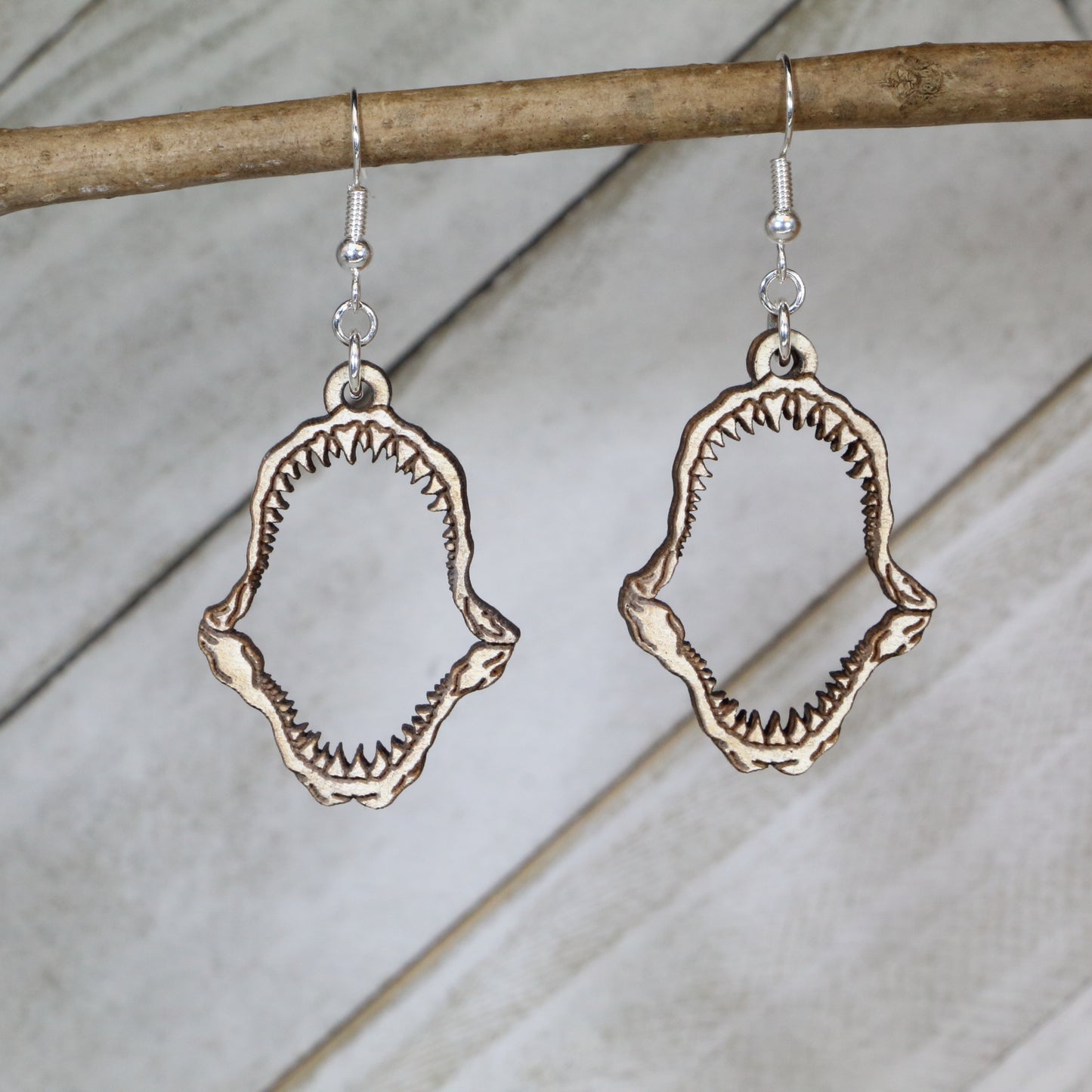 Hand-painted shark tooth wooden dangle earrings with realistic ocean predator design, lightweight hypoallergenic beach jewelry for shark lovers, marine life fans, and coastal style