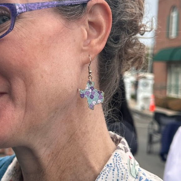 Blue and Purple Floral Texas State Wooden Dangle Earrings - Cate's Concepts, LLC