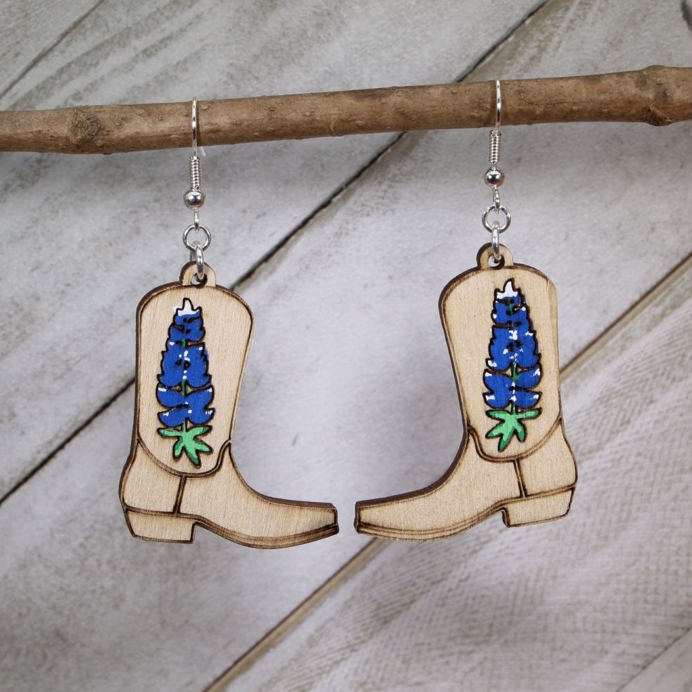 Bluebonnet Blossom Cowgirl Boot Earring: Rustic Texas Wildflower Jewelry - - Cate's Concepts, LLC