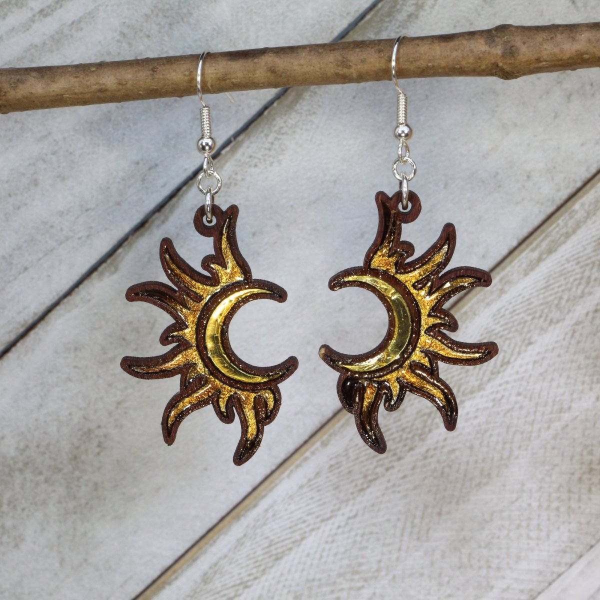 Bohemian Sun Moon Gold Copper Wooden Earrings - - Cate's Concepts, LLC