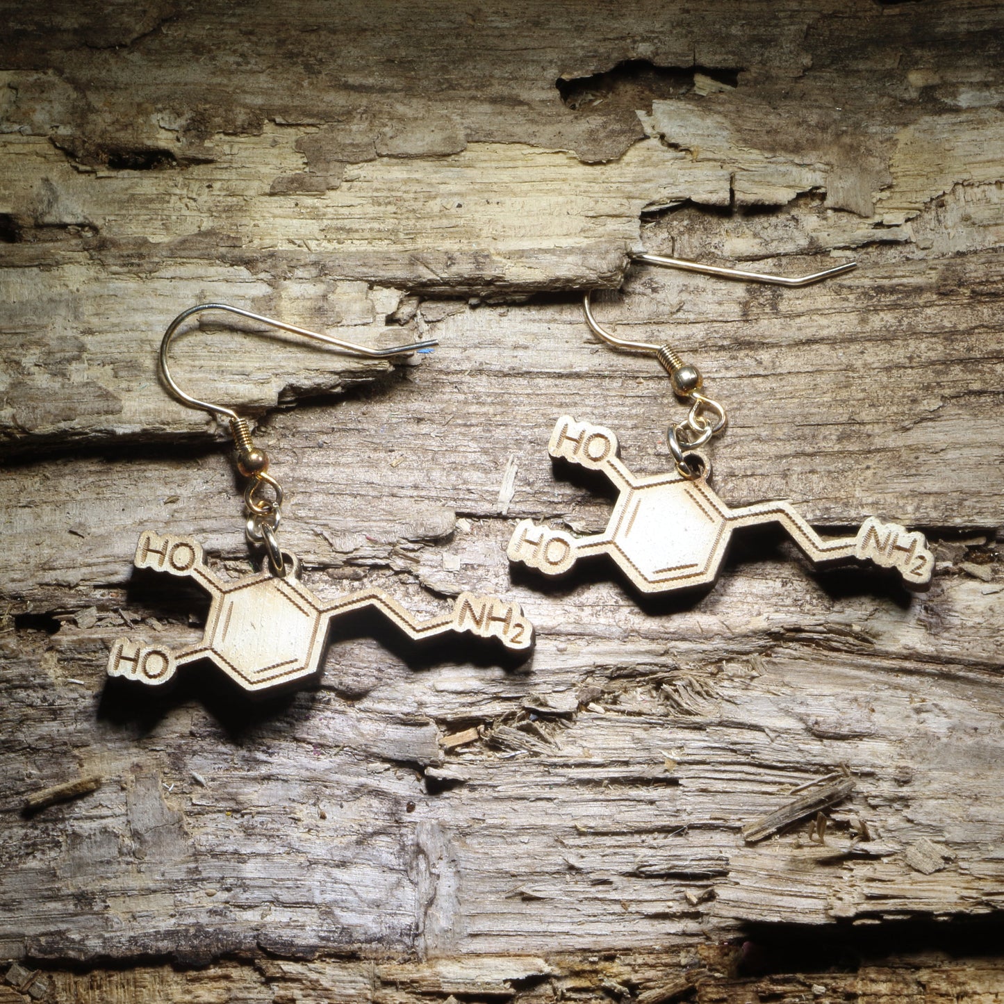 Dopamine molecule wooden dangle earrings featuring the chemical structure of dopamine, lightweight science jewelry for chemists, chemistry teachers, students, and neuroscience lovers