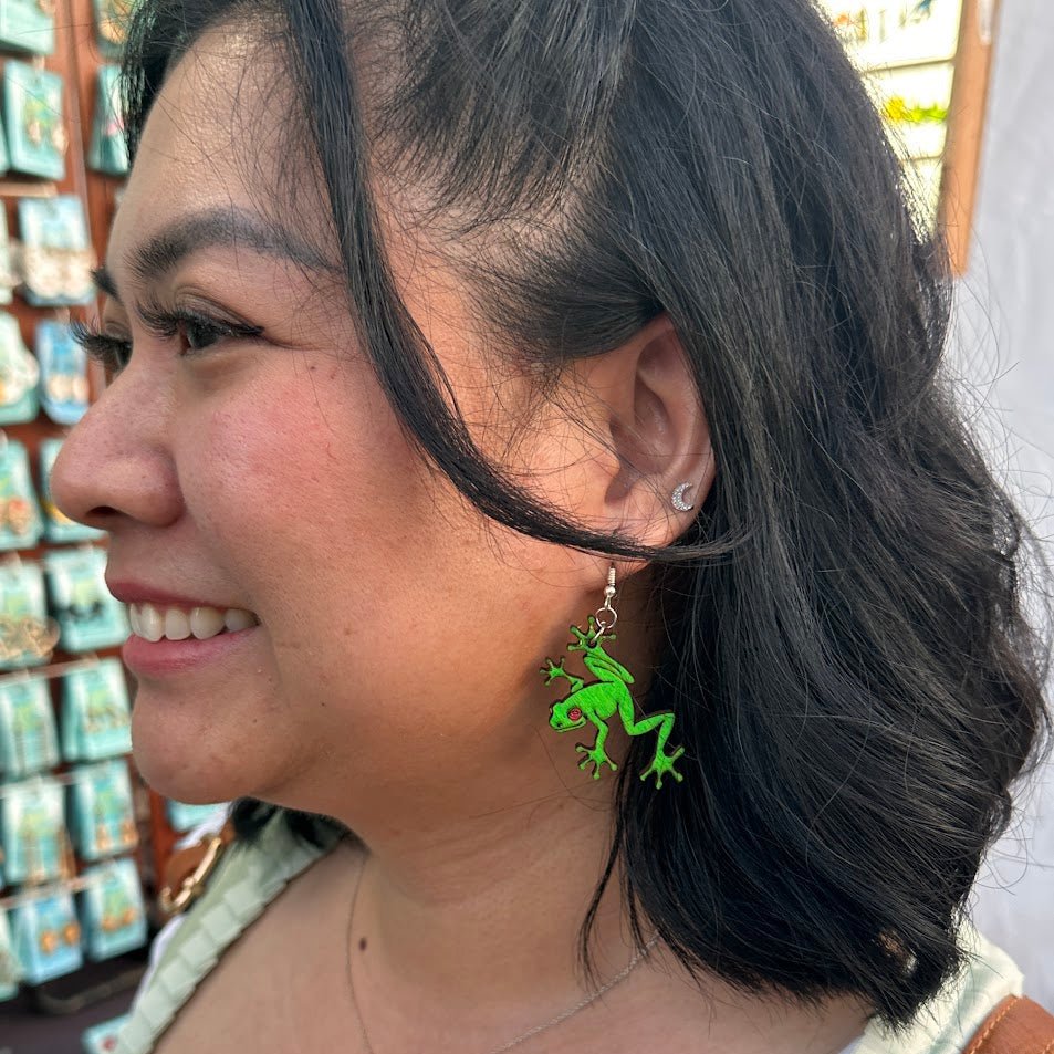 Green Rainforest Tree Frogs Wooden Dangle Earrings - Cate's Concepts, LLC