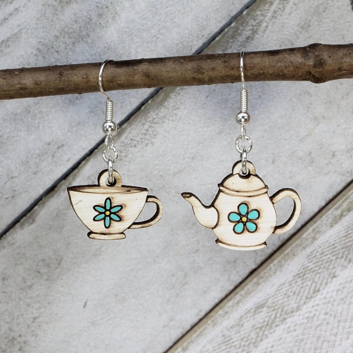 Mismatched Teapot and Cup Wooden Dangle Earrings - Blue - Cate's Concepts, LLC