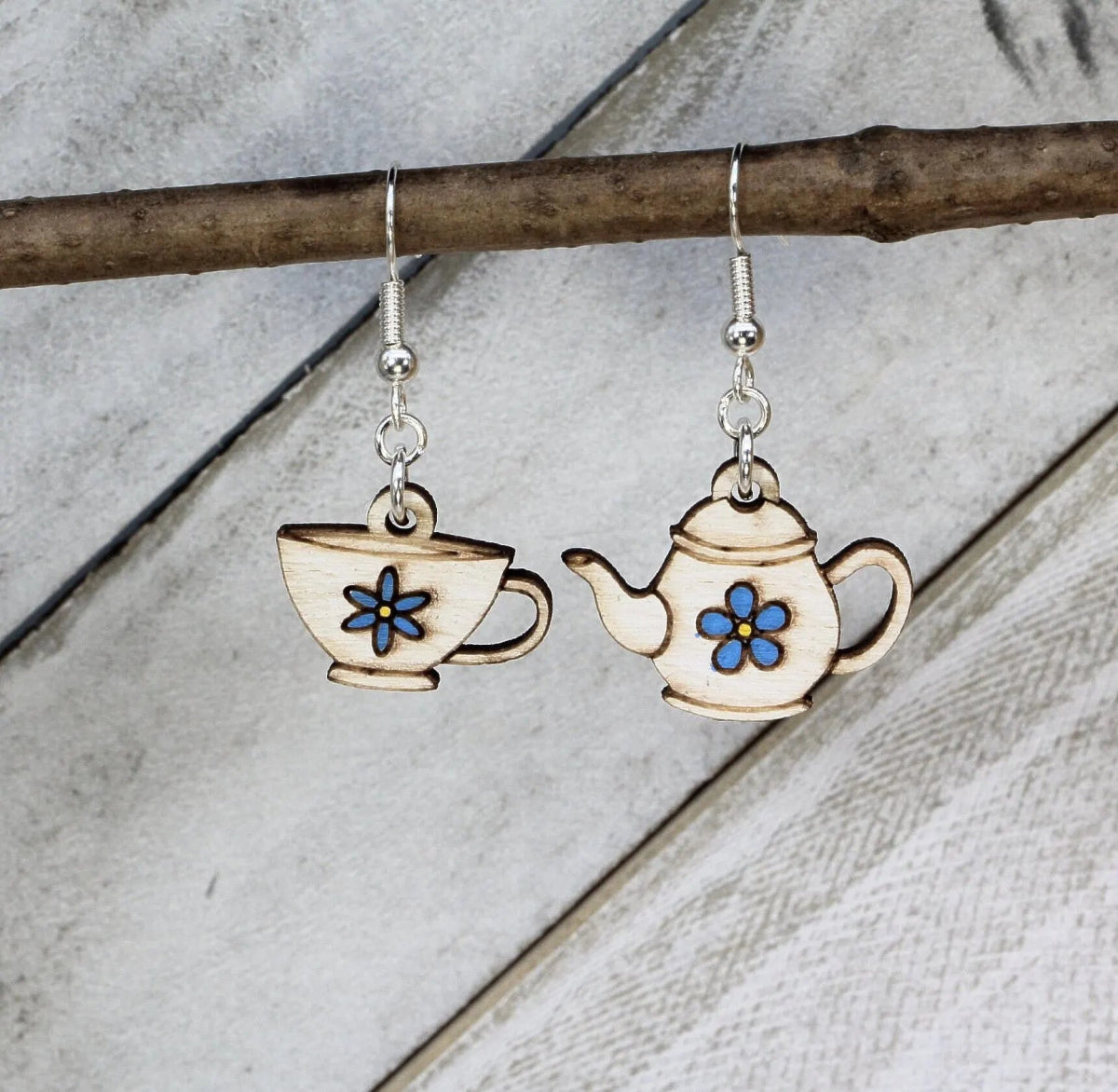 Mismatched Teapot and Cup Wooden Dangle Earrings - Light Blue - Cate's Concepts, LLC