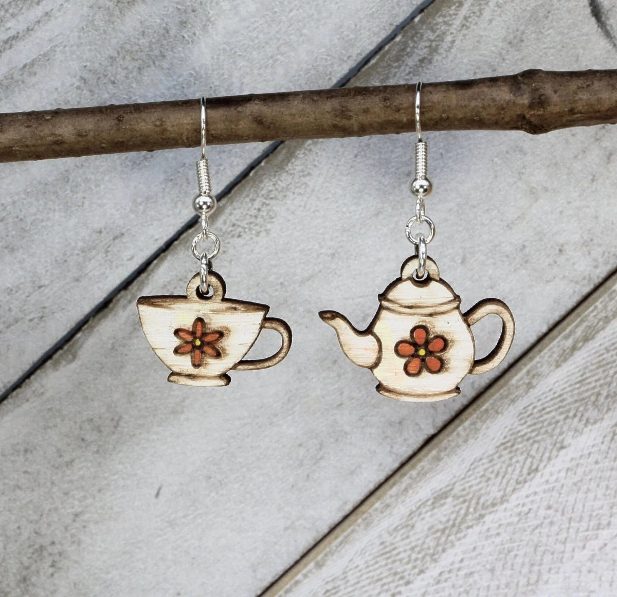 Mismatched Teapot and Cup Wooden Dangle Earrings - Orange - Cate's Concepts, LLC