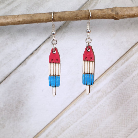 Patriotic Red White and Blue Popsicle Wooden Earrings - Handmade Jewelry - - Cate's Concepts, LLC