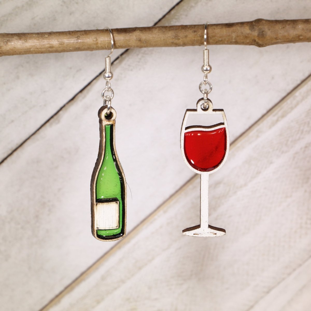 Wine Bottle and Wine Glass Wooden Mismatched Dangle Earrings - Cate's Concepts, LLC