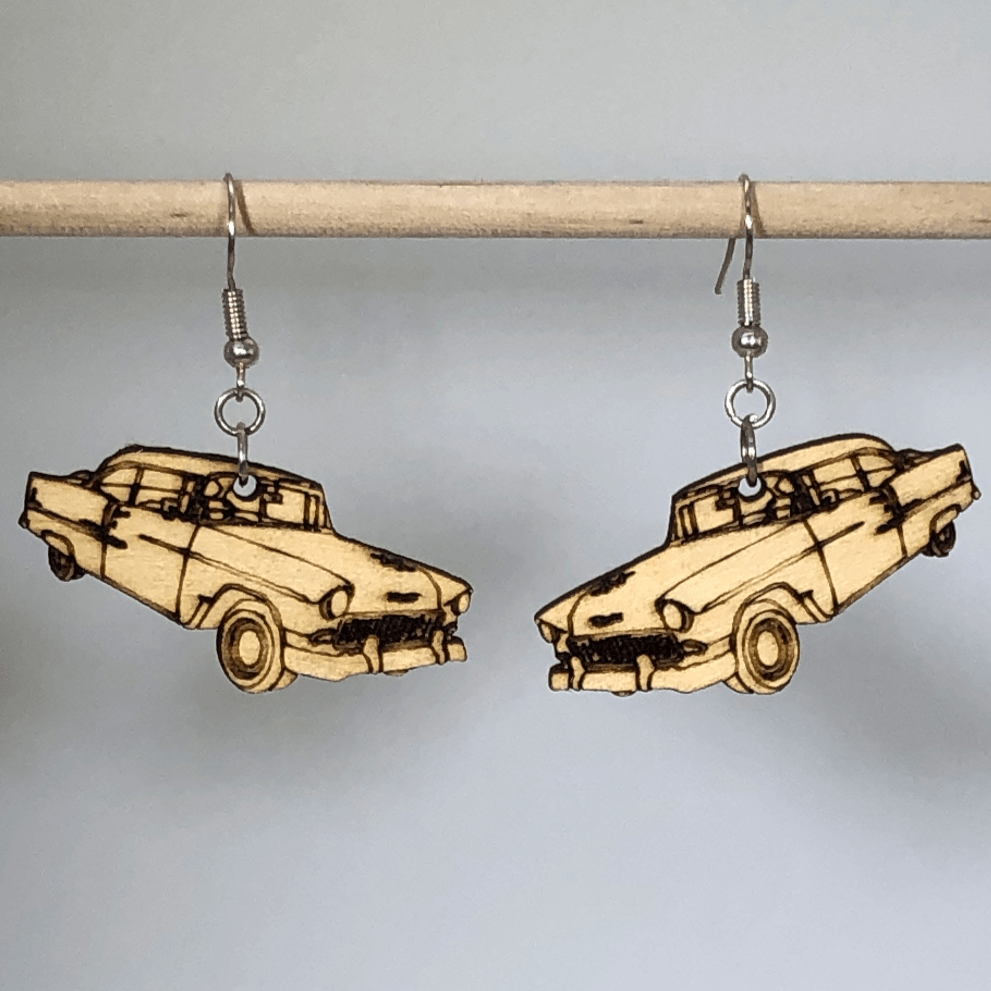 Hand-painted wooden 1955 Chevy car dangle earrings with classic vintage automobile design and hypoallergenic sterling silver hooks, lightweight retro car statement jewelry earrings for classic car lovers