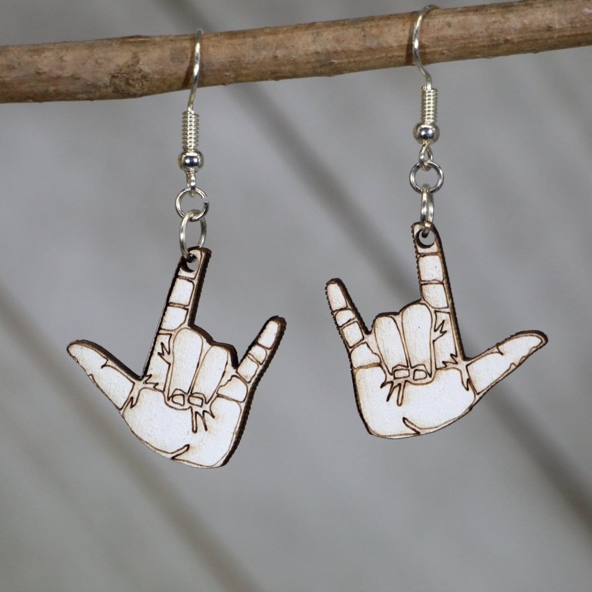 Hand-painted wooden ASL love sign dangle earrings with American Sign Language design and hypoallergenic sterling silver hooks, lightweight statement jewelry earrings for meaningful communication and inclusive style