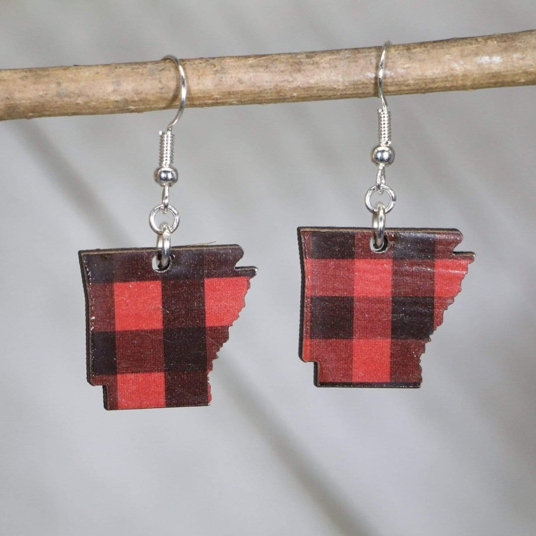 Wooden Arkansas buffalo plaid dangle earrings with rustic checkered design and hypoallergenic sterling silver hooks, lightweight Arkansas statement jewelry earrings for cozy southern style and state pride