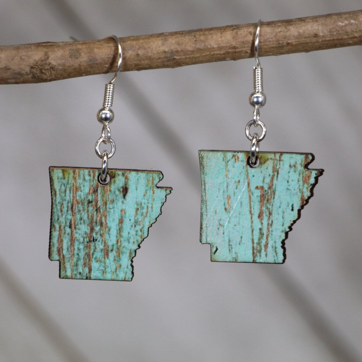 Hand-painted wooden Arkansas state dangle earrings with bold state pride design and hypoallergenic sterling silver hooks, lightweight Arkansas statement jewelry earrings for southern style and hometown pride