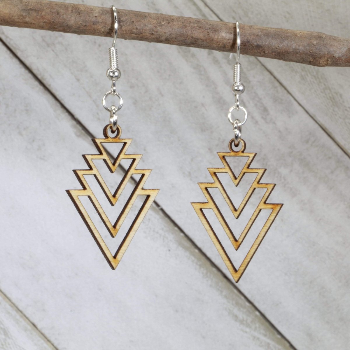 Hand-painted wooden Art Deco cascade dangle earrings with layered geometric design and hypoallergenic sterling silver hooks, lightweight vintage statement jewelry earrings for retro glam style