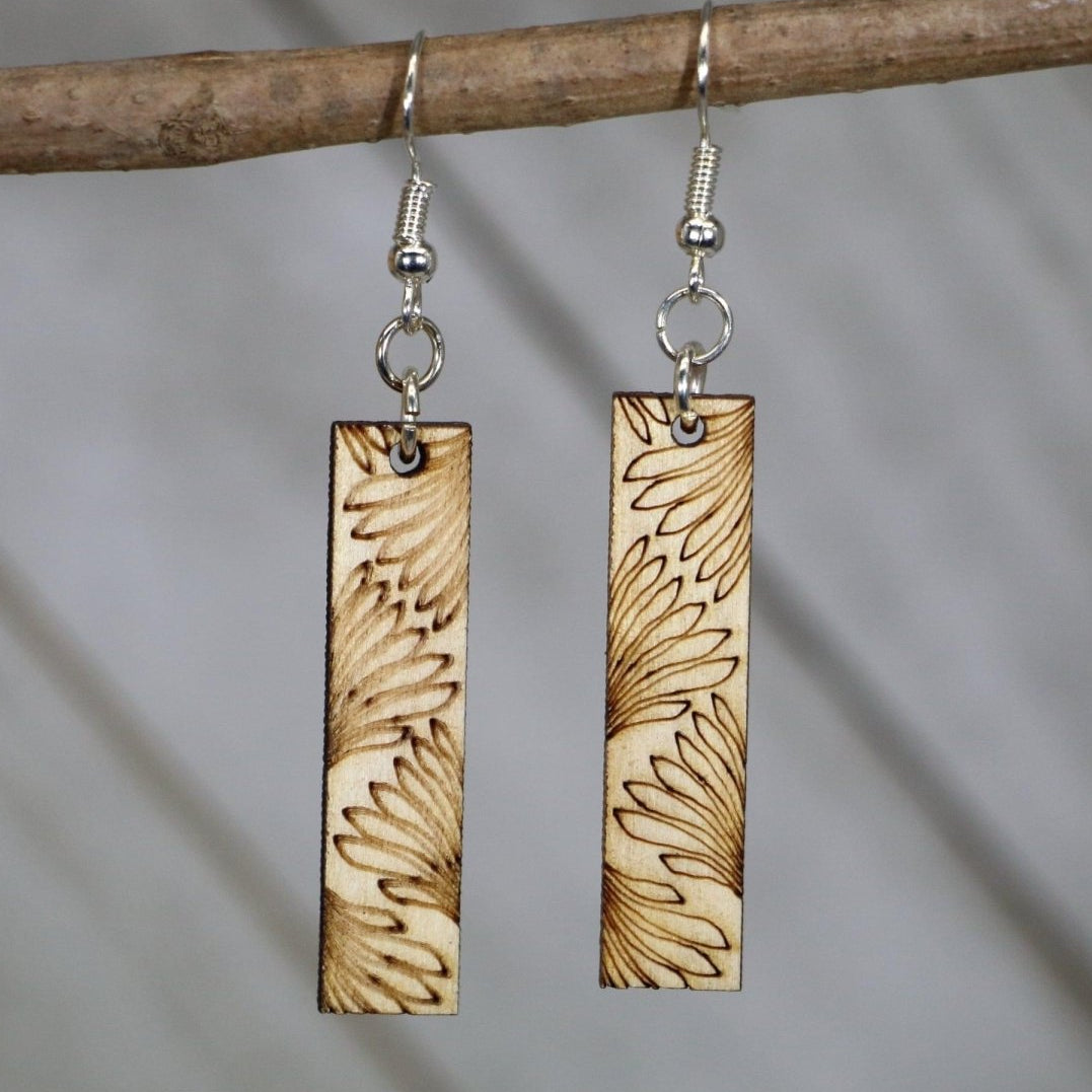 Hand-painted wooden Art Deco floral bar dangle earrings with elegant geometric flower design and hypoallergenic sterling silver hooks, minimalist statement jewelry earrings for modern boho style