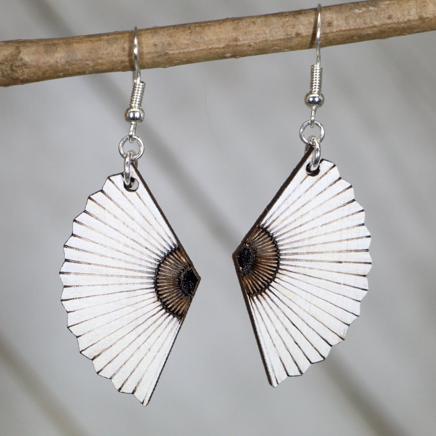 Hand-painted wooden Asian fan dangle earrings with decorative folding fan design and hypoallergenic sterling silver hooks, lightweight statement jewelry earrings for elegant cultural-inspired and vintage style white
