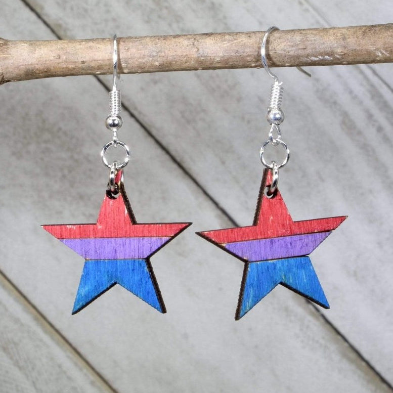 Hand-painted wooden bisexual pride star dangle earrings with bold bi flag color design and hypoallergenic sterling silver hooks, lightweight LGBTQ statement jewelry earrings for pride events and everyday inclusive style