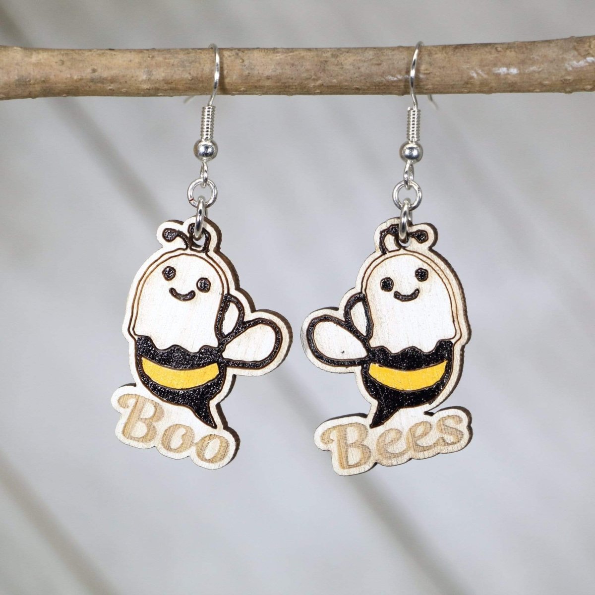 Hand-painted wooden boo bees dangle earrings with cute ghost bee Halloween design and hypoallergenic sterling silver hooks, lightweight funny spooky statement jewelry earrings for fall style