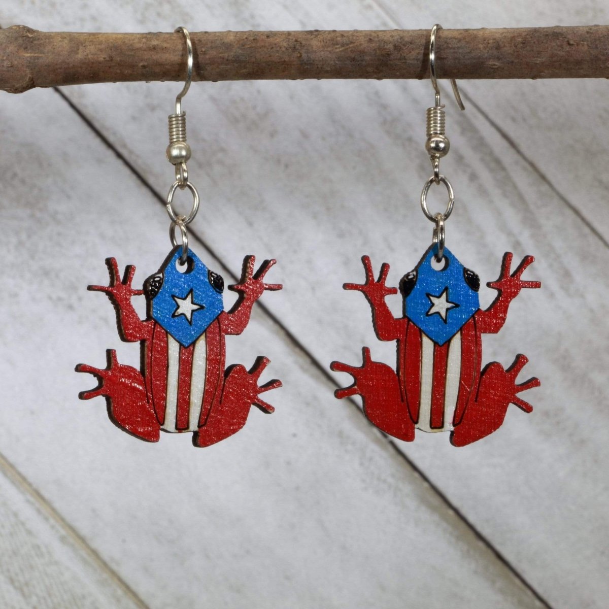 Hand-painted wooden coquí frog dangle earrings with Puerto Rico island design and hypoallergenic sterling silver hooks, lightweight Puerto Rican statement jewelry earrings for island lovers