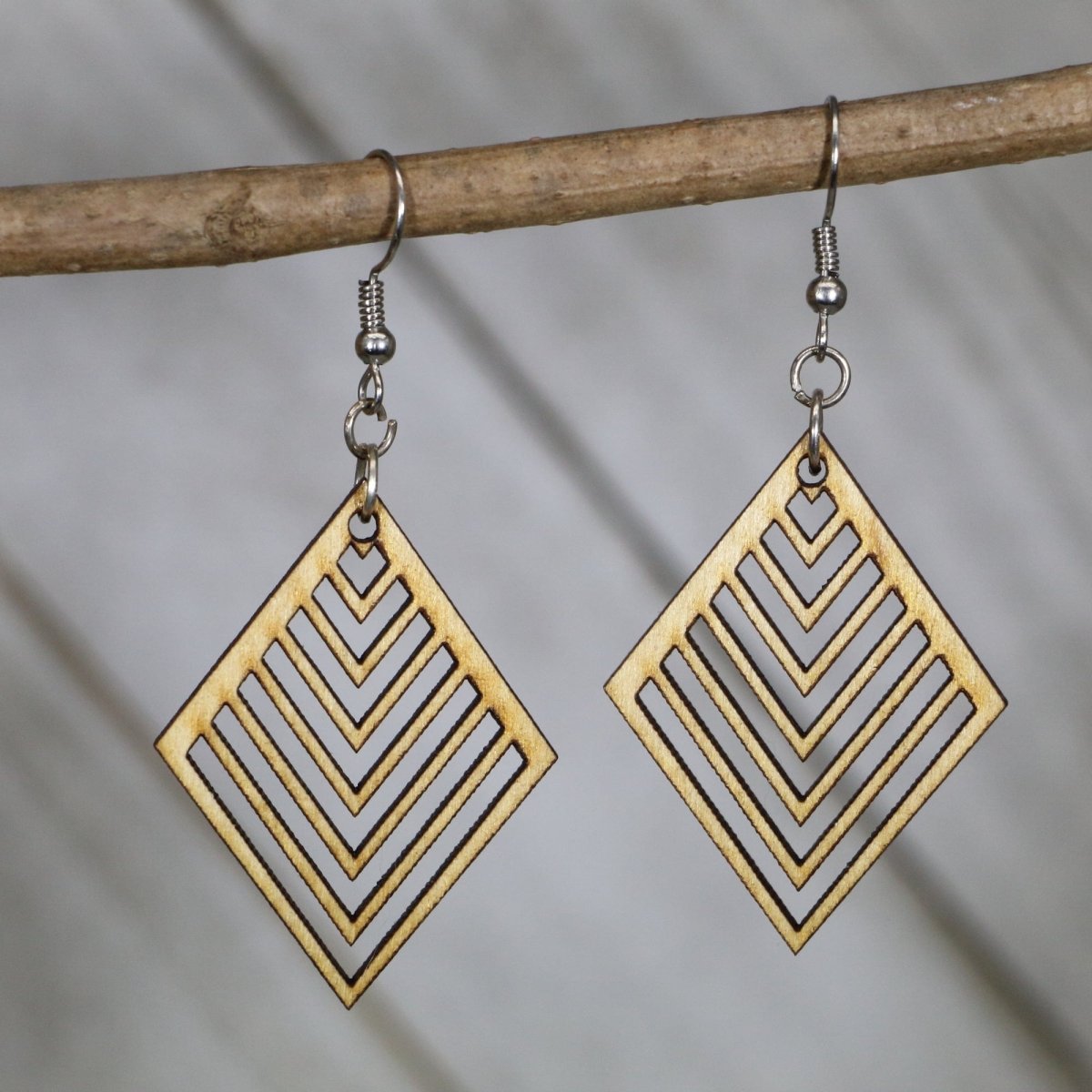 Hand-painted wooden expanding diamond dangle earrings with geometric Art Deco design and hypoallergenic sterling silver hooks, lightweight statement jewelry earrings for vintage glamour and modern style