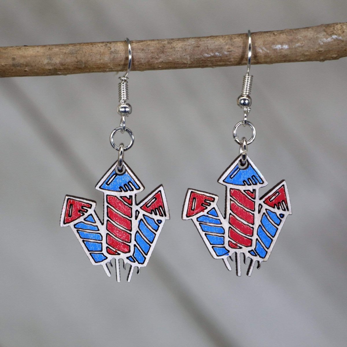Hand-painted wooden fireworks dangle earrings with patriotic Fourth of July design and hypoallergenic sterling silver hooks, lightweight fireworks statement jewelry earrings for summer celebrations and USA pride