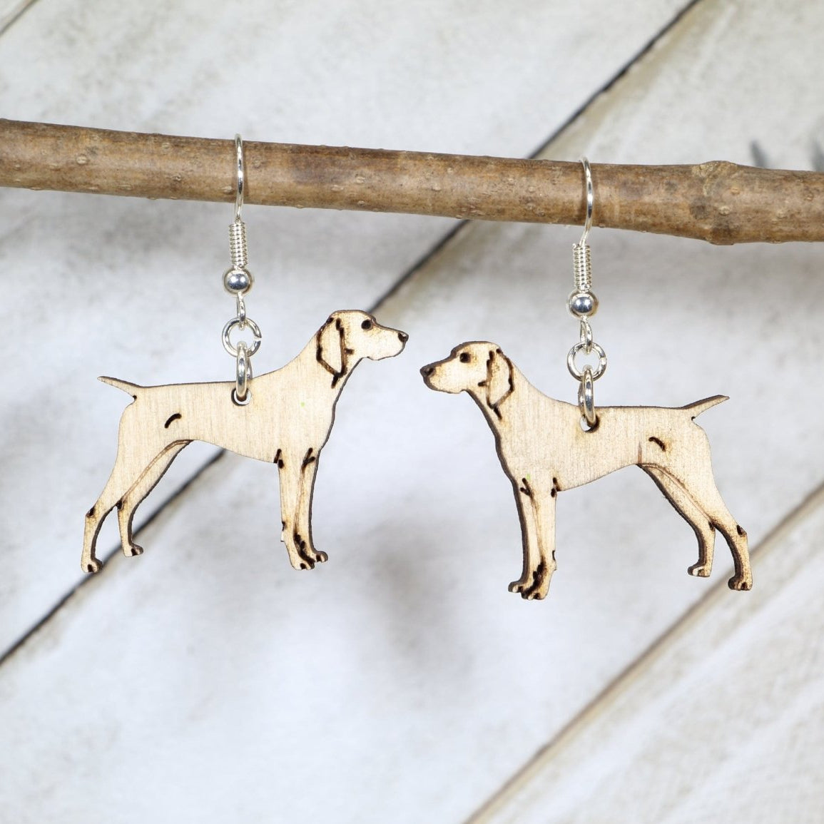 Hand-painted wooden German Shorthaired Pointer dangle earrings with hunting dog design and hypoallergenic sterling silver hooks, dog lover statement jewelry for pet owners and sporting dog fans