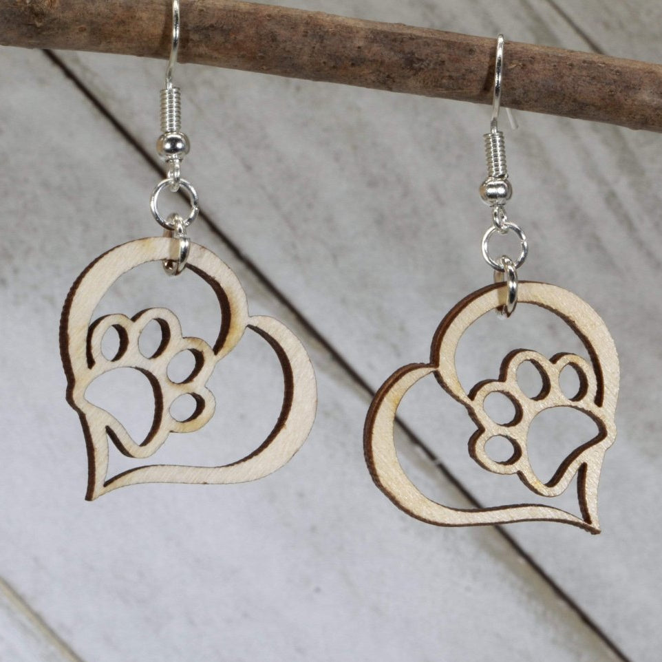 Hand-painted wooden heart paw print dangle earrings with cute pet lover design and hypoallergenic sterling silver hooks, lightweight paw print statement jewelry earrings for dog and cat lovers