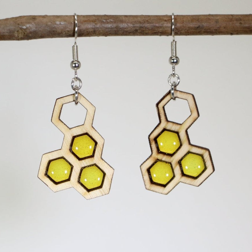 Hand-painted wooden honeycomb dangle earrings with geometric bee-inspired design and hypoallergenic sterling silver hooks, lightweight honeycomb statement jewelry earrings for nature lovers and modern style