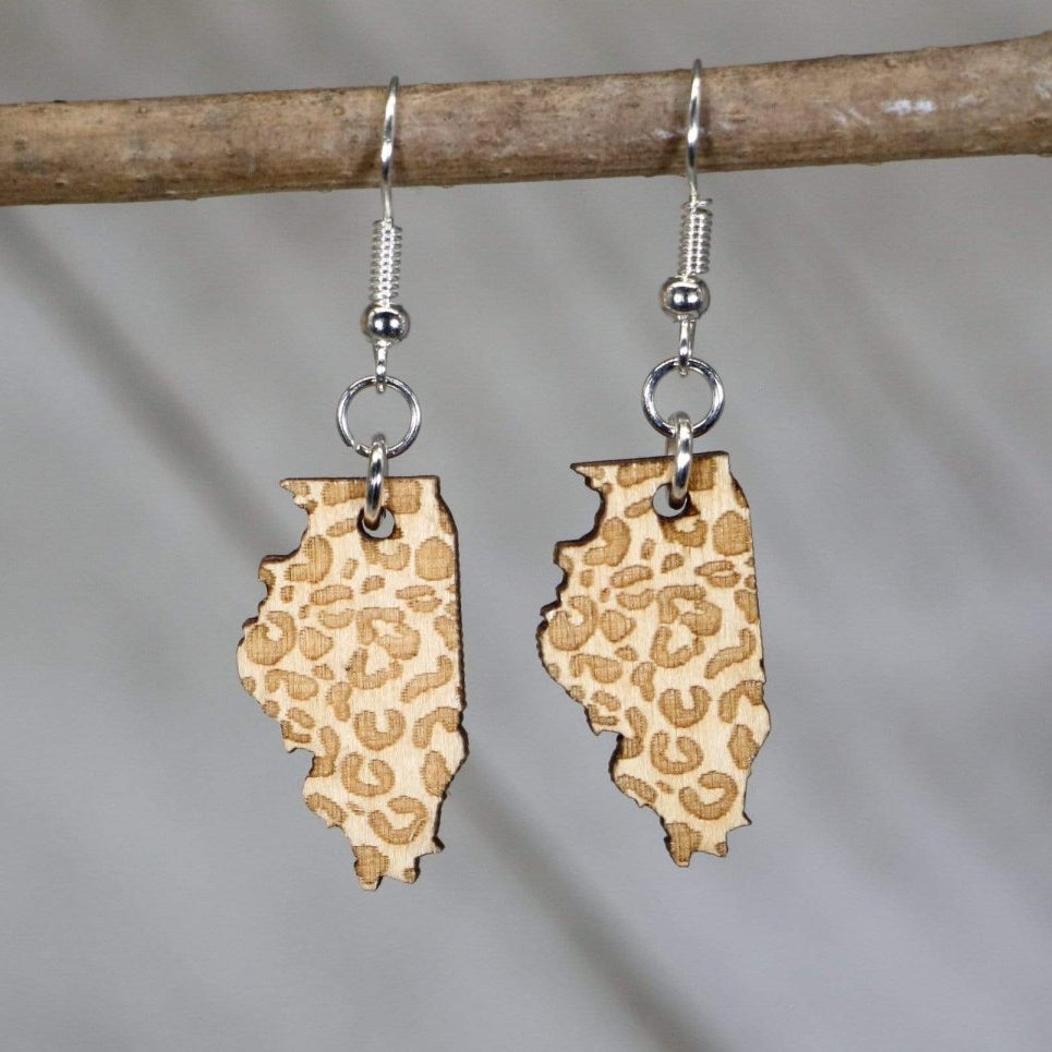 Hand-painted wooden Illinois state cheetah print dangle earrings with bold animal print design and hypoallergenic sterling silver hooks, lightweight Illinois statement jewelry earrings for stylish state pride and fierce everyday fashion