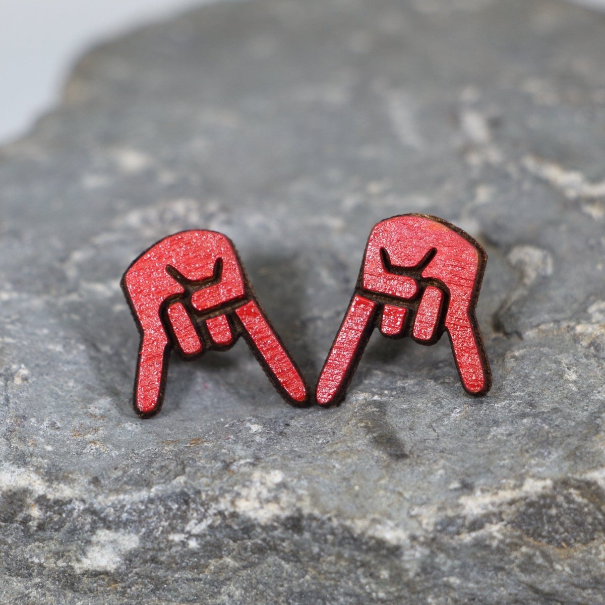 Hand-painted wooden inverted hand sign stud earrings with rock horns gesture design and hypoallergenic sterling silver posts, lightweight gothic rock statement jewelry for metal and alternative style