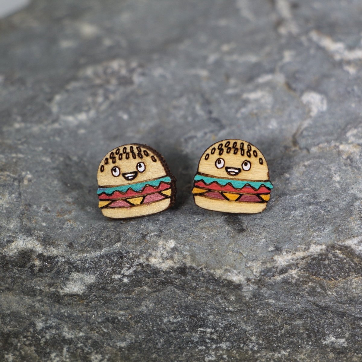 Hand-painted wooden kawaii cheeseburger stud earrings with cute foodie design and hypoallergenic sterling silver hooks, lightweight burger statement jewelry earrings for fast food lovers and playful style