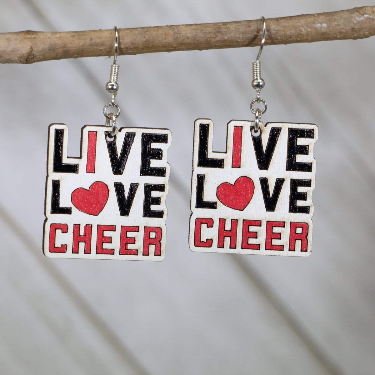 Hand-painted wooden live love cheer dangle earrings with spirited cheerleader design and hypoallergenic sterling silver hooks, lightweight cheer statement jewelry earrings for athletes, fans, and cheer moms