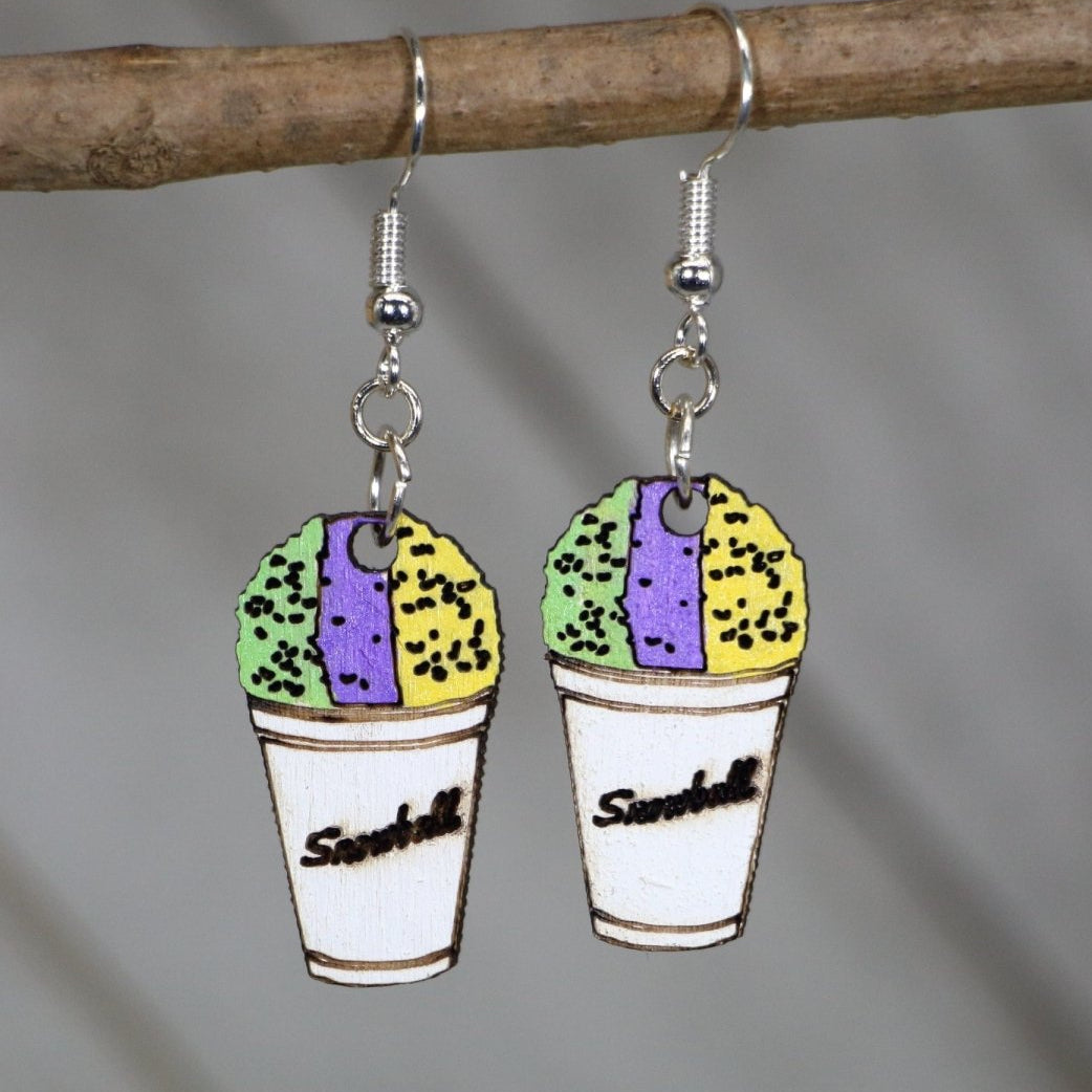 Hand-painted wooden Mardi Gras snowball dangle earrings with colorful New Orleans dessert design and hypoallergenic sterling silver hooks, festive Louisiana statement jewelry earrings for NOLA lovers
