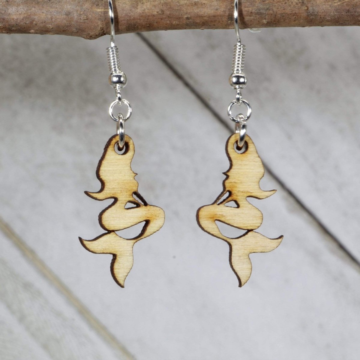 Hand-painted wooden mermaid dangle earrings with ocean fantasy design and hypoallergenic sterling silver hooks, lightweight mermaid statement jewelry earrings for beach lovers and magical style