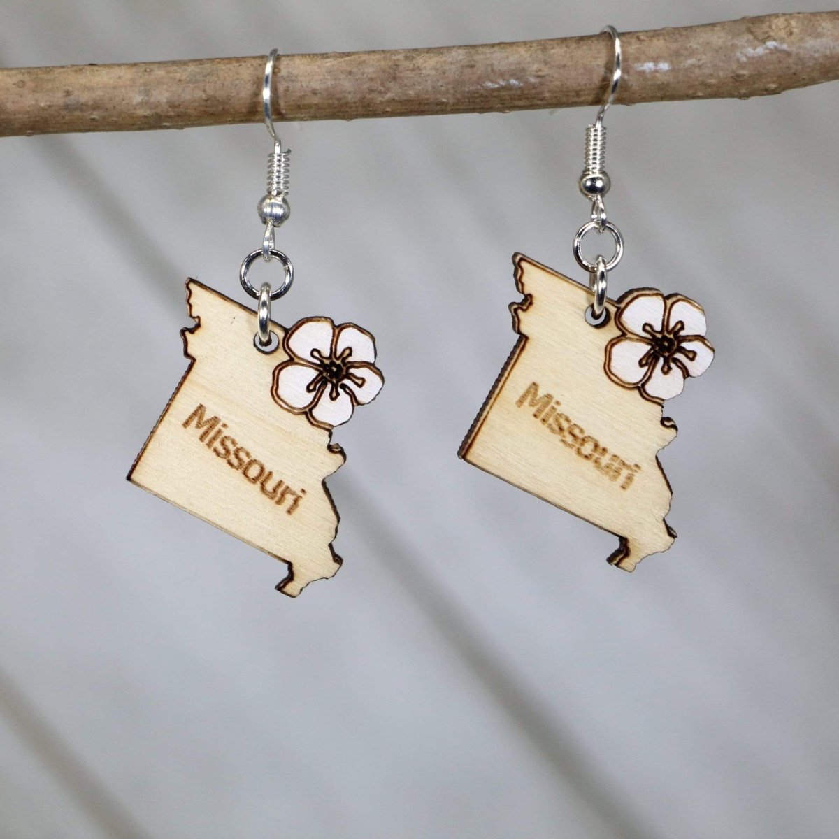 Hand-painted wooden Missouri dogwood flower dangle earrings with delicate state flower design and hypoallergenic sterling silver hooks, lightweight floral statement jewelry earrings for nature lovers and state pride