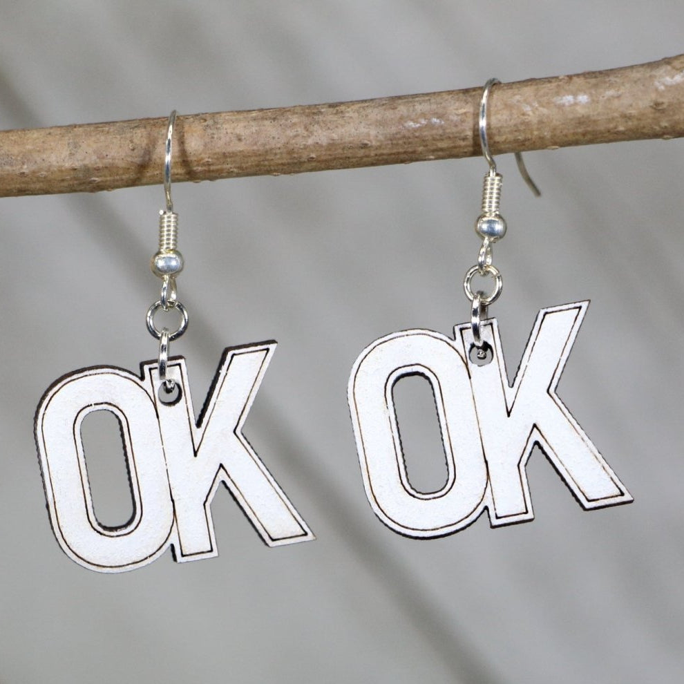 Hand-painted wooden Oklahoma state dangle earrings with bold OK outline design and hypoallergenic sterling silver hooks, lightweight Oklahoma statement jewelry earrings for state pride and southern style