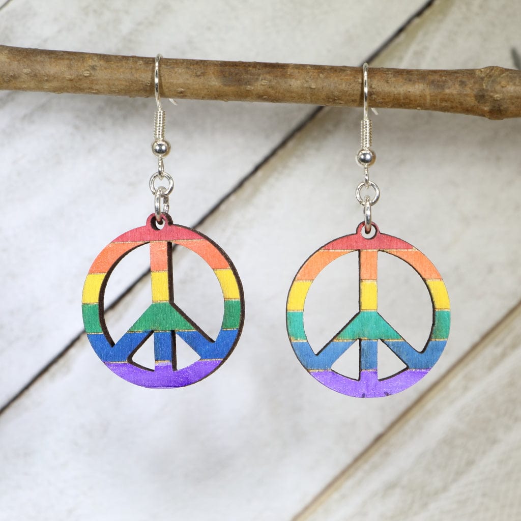 Hand-painted wooden rainbow peace sign dangle earrings with colorful hippie pride design and hypoallergenic sterling silver hooks, boho retro statement jewelry earrings for peace and love style