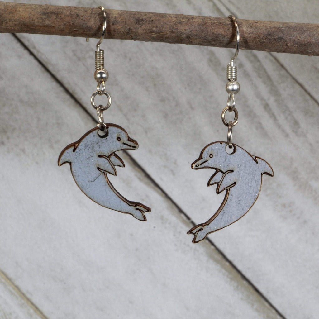 Hand-painted wooden realistic dolphin dangle earrings with detailed ocean animal design and hypoallergenic sterling silver hooks, lightweight dolphin statement jewelry earrings for marine life lovers and coastal style