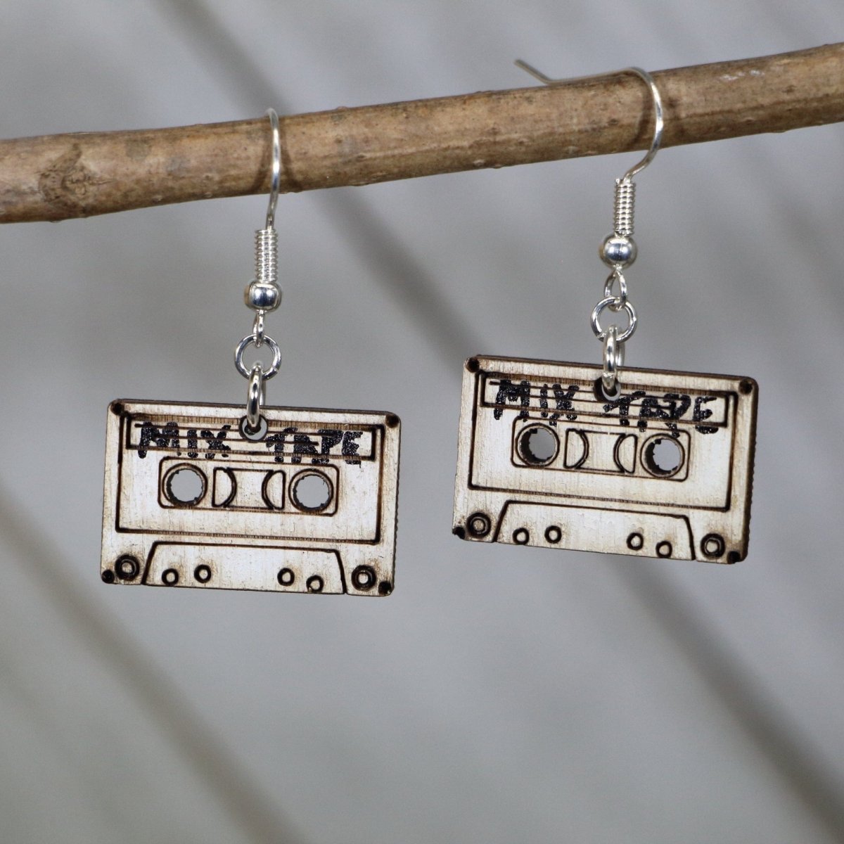 Hand-painted wooden retro cassette tape dangle earrings with vintage music design and hypoallergenic sterling silver hooks, lightweight cassette statement jewelry earrings for 80s nostalgia and retro style