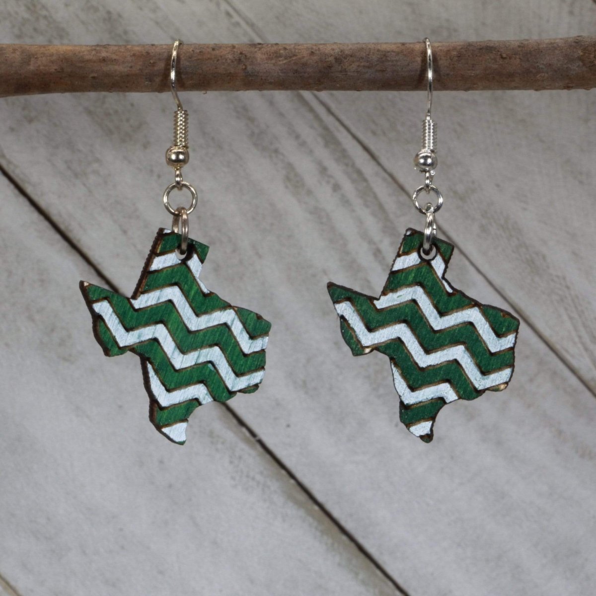 Hand-painted wooden Texas green and white dangle earrings with bold state-inspired design and hypoallergenic sterling silver hooks, lightweight Texas statement jewelry earrings for southern style and state pride