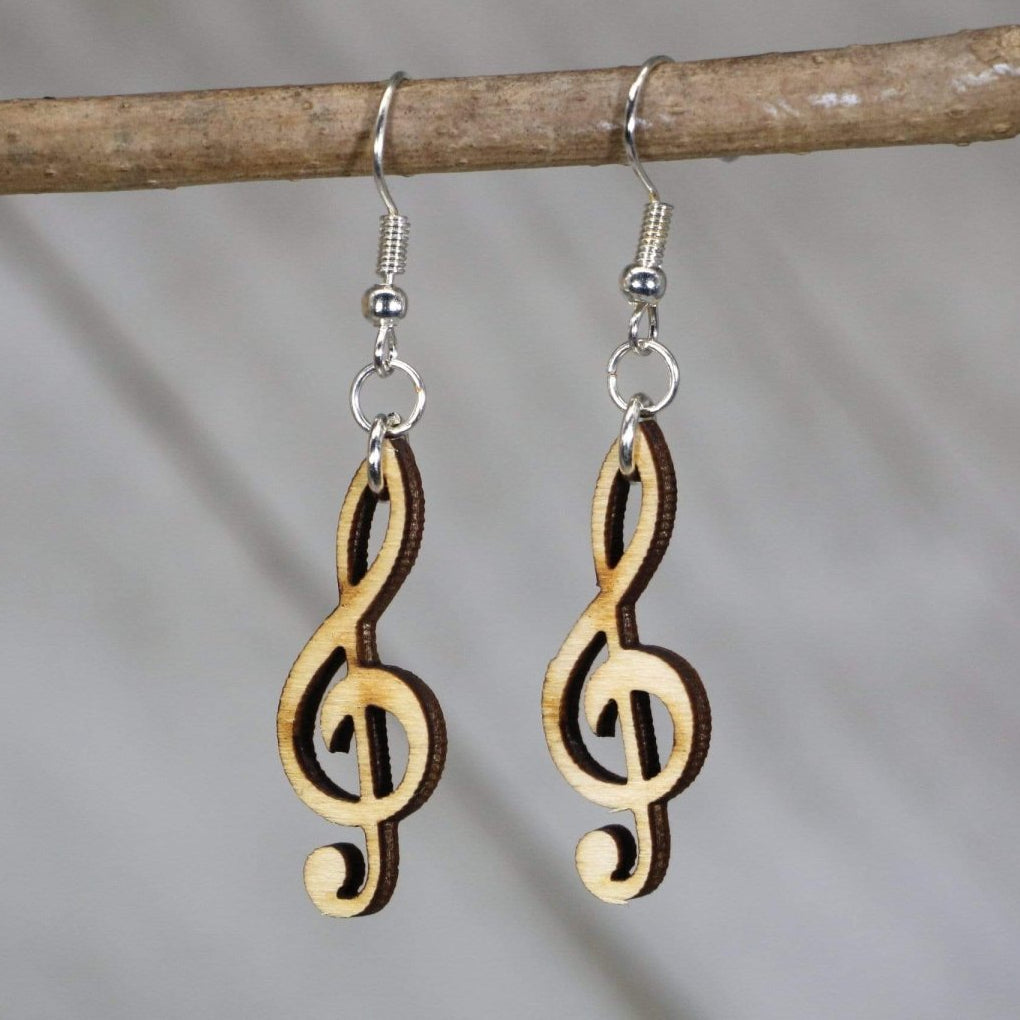 Hand-painted wooden treble clef dangle earrings with classic music note design and hypoallergenic sterling silver hooks, lightweight treble clef statement jewelry earrings for musicians and music lovers