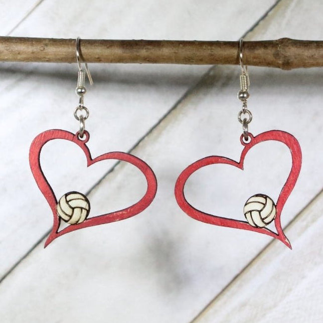 Hand-painted wooden volleyball heart dangle earrings with sporty heart design and hypoallergenic sterling silver hooks, lightweight volleyball mom statement jewelry for players, coaches, and proud sports moms