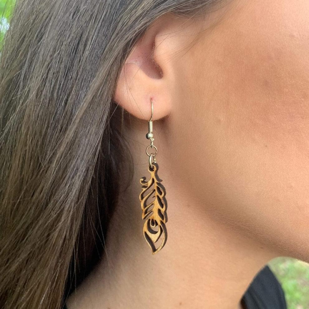 Art Nouveau Feather Wooden Dangle Earrings - - Cate's Concepts, LLC