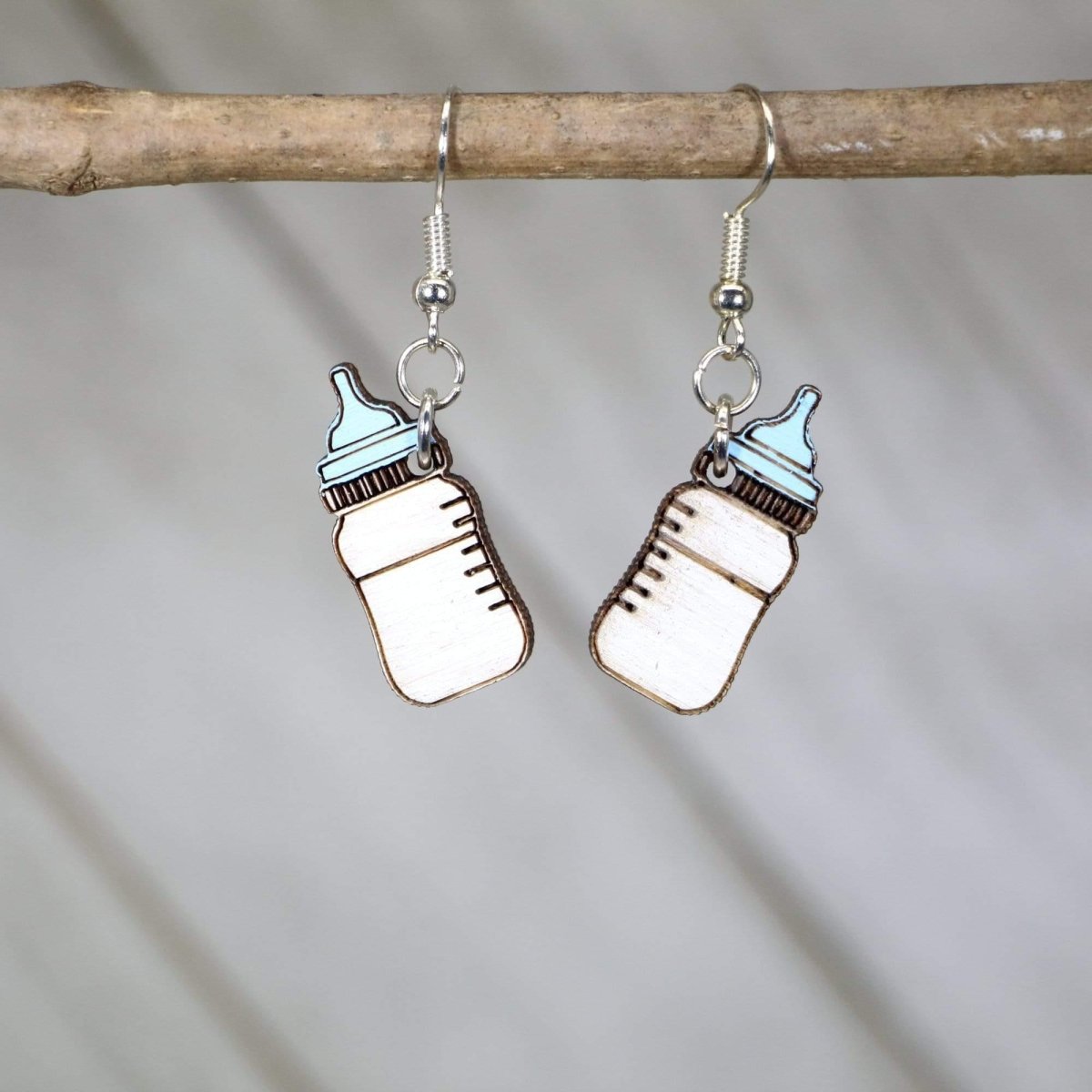 Baby Bottle Wooden Dangle Earrings - Blue - Cate's Concepts, LLC