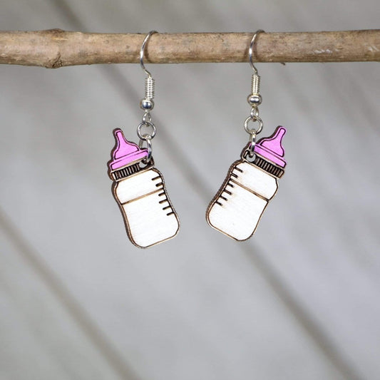 Baby Bottle Wooden Dangle Earrings - Pink - Cate's Concepts, LLC
