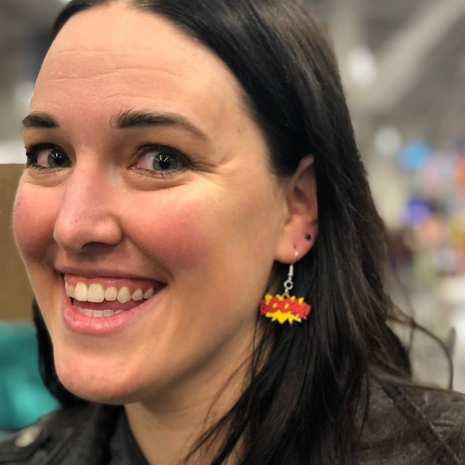 Cartoon "BOOM" Sound Effect Wooden Dangle Earrings - - Cate's Concepts, LLC
